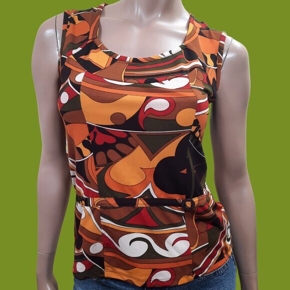 90s Y2K Sleeveless Top Mod Funky Print Scoop Neck Brown Orange Stretch Size M - Picture 1 of 7